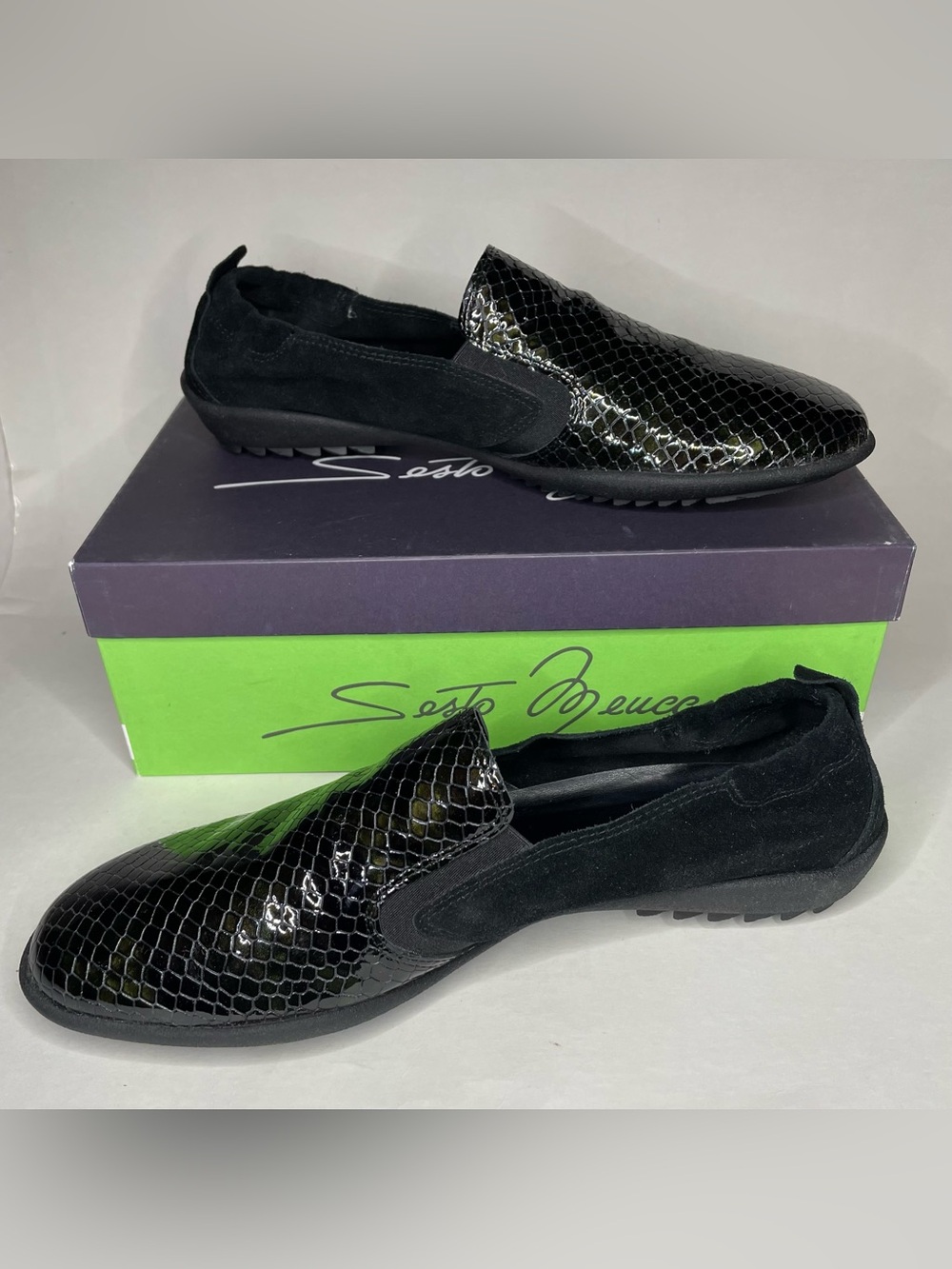 Womens Sesto Meucci Black Woven Leather Croc Casual Loafer Shoes Italy Sz 11 M